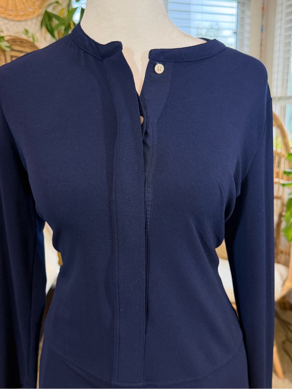 Lauren Ralph Lauren Navy Tunic Top PM Petite Medium Split Neck Long Sleeve Fall - Picture 5 of 12